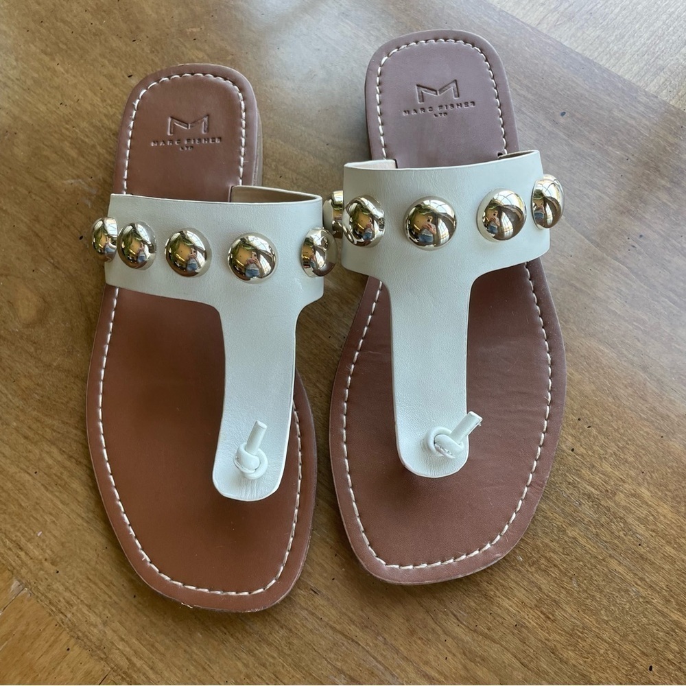 Marc Fisher White and Gold Festas Studded Thong Sandals with Square Toe size 8